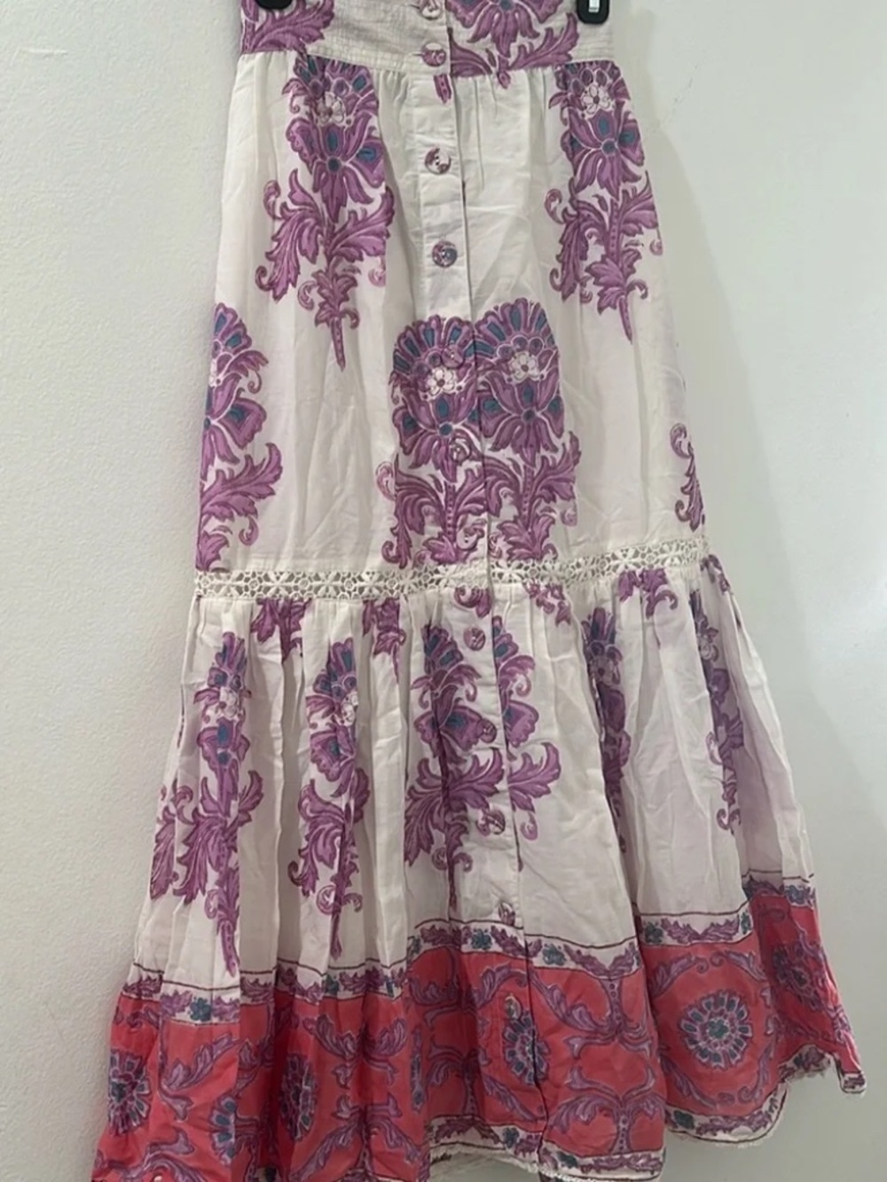 ALICIA BELL Boho Tiered Maxi Skirt in White with Purple Floral and Coral Border